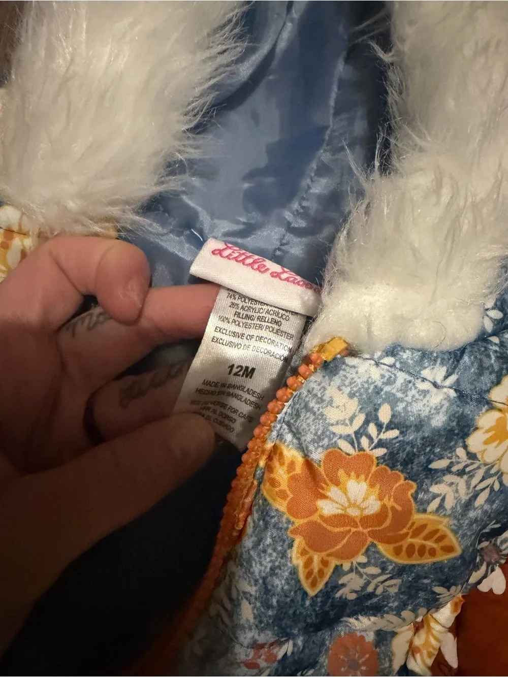 Girls' Blue Floral Puffer Jacket with Faux Fur Hood & Orange Heart Vest- 12 mth